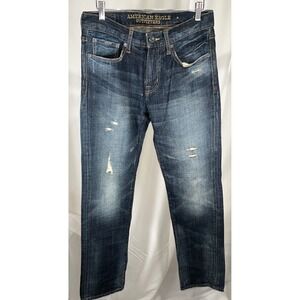 American Eagle Distressed Straight Leg Jeans Dark Wash Blue Denim Mens 28x32